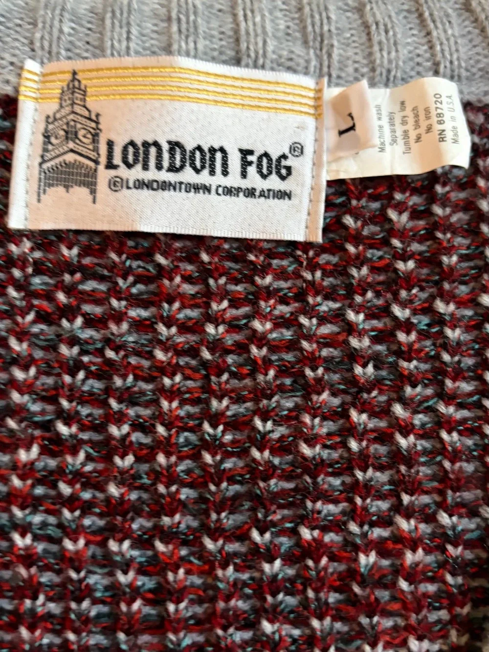 London Fog Vintage Mens Sweater Vest Maroon Gray Geometric Wool Blend L Preppy